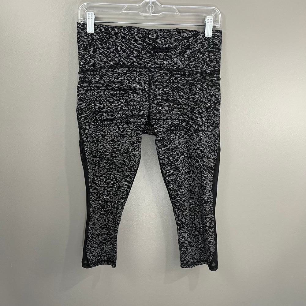Lululemon Crop Leggings Womens 10 Black White Dot Great Mesh Panel High Rise